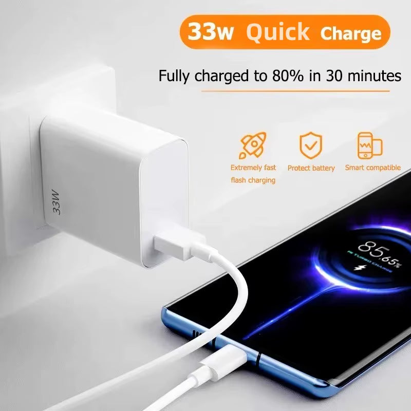 33W USB Fast Charger QC 3.0 for Xiaomi 14/13/12/11/10 Ultra Redmi Note 12T/13 Pro/K60/K50 POCO F5 EU/US Plug Power Adapter