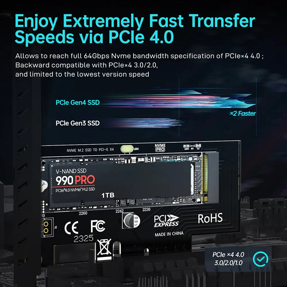 M.2 NVME to Pcie 4.0 3.0 SSD Adapter, 64Gbps Pcie 4.0 X4 X8 X16 Expansion Card for Desktop PC , PCI-E GEN4 GEN3 Full Speed